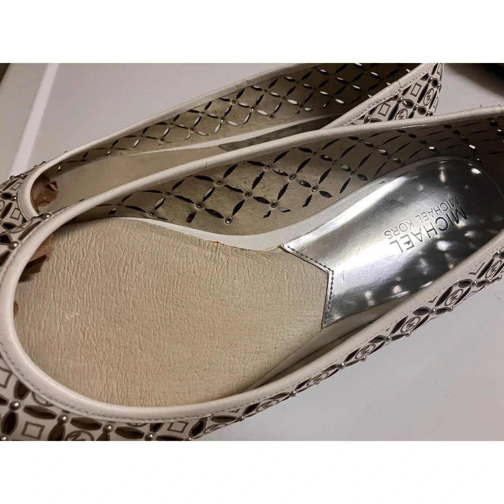 Michael‎ Kors Womens White Leather Laser Cut Studded Ballet Flats 10M PW13K